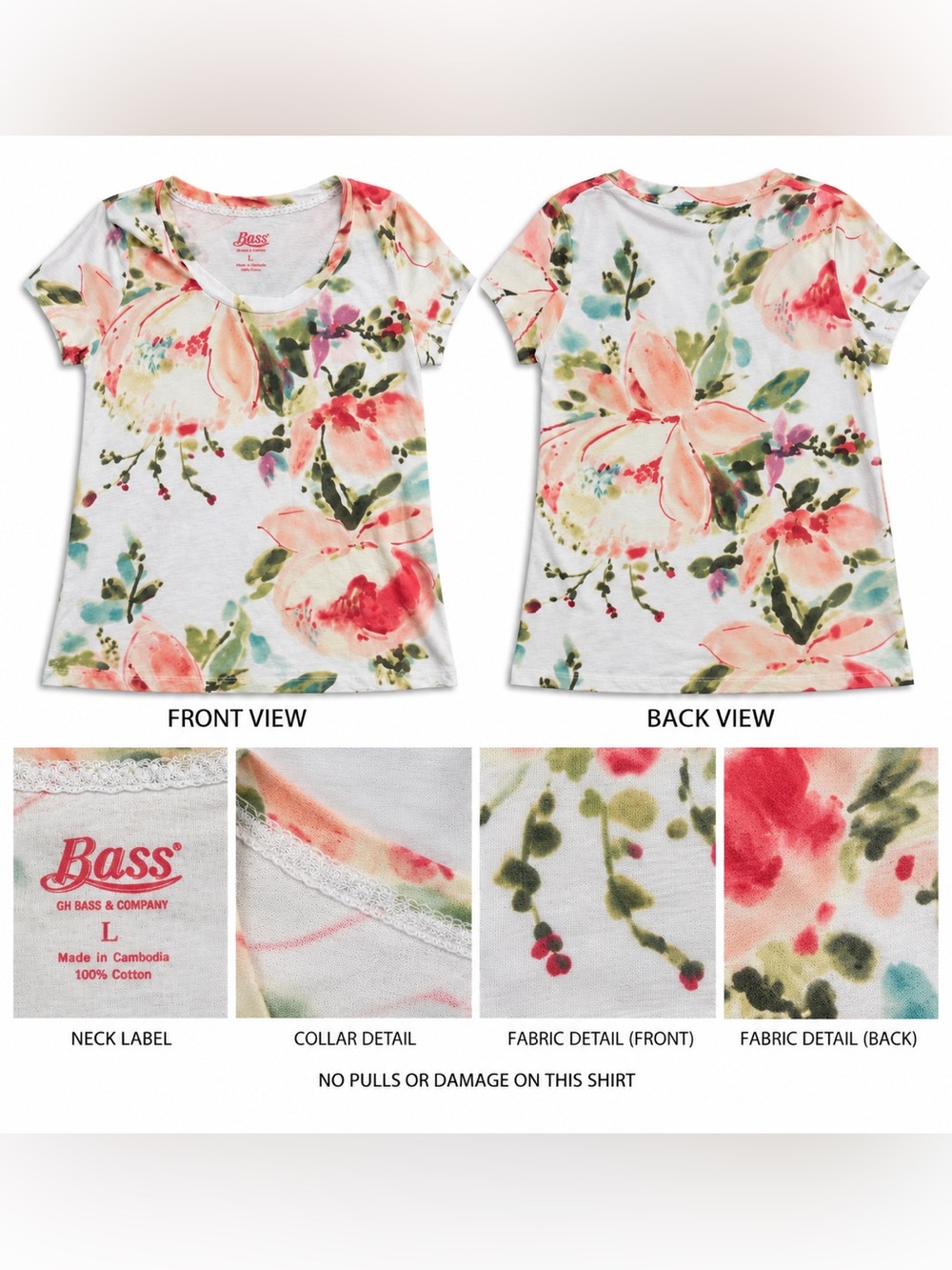 G.H. Bass Women’s Large Floral Watercolor T-Shirt 100% Cotton Cottagecore